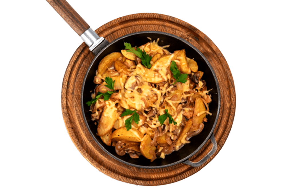 Картопля на сковороді з куркою та грибами | Піццерія мрія